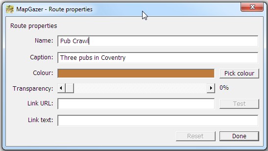 A Route properties dialog